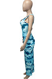 Women V Neck Tie Dye Printing Screw Thread Long Dress Q882