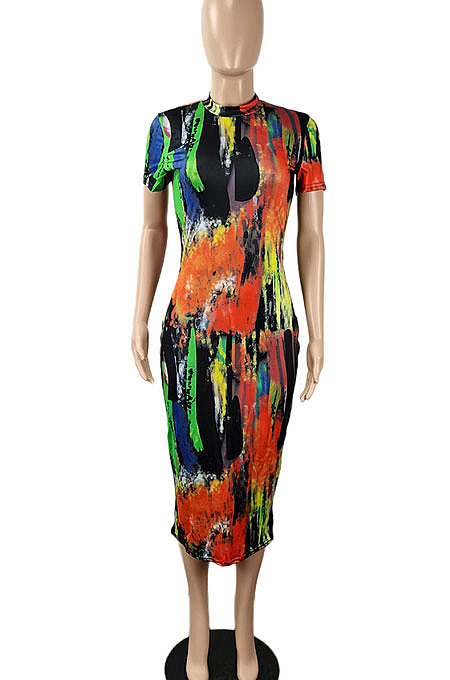 Short Sleeve Sexy Printing Midi Dress SH7264