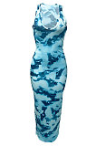 Women V Neck Tie Dye Printing Screw Thread Long Dress Q882