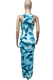 Women V Neck Tie Dye Printing Screw Thread Long Dress Q882