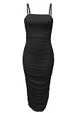 Pure Color Net Yarn Perspective Sexy Condole Belt Ruffle Long Dress Q886