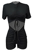 Sexy Shirred Detail Hollow Out Pure Color Cultivate One's Morality Short Sleeve Ropmer Shorts Q880