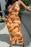 Women V Neck Tie Dye Printing Screw Thread Long Dress Q882