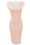 Pure Color Casual Sleevelees Shoulder Pads Cultivate One's Morality Sexy Midi Dress Q877