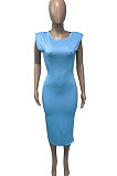Pure Color Casual Sleevelees Shoulder Pads Cultivate One's Morality Sexy Midi Dress Q877