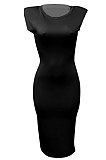 Pure Color Casual Sleevelees Shoulder Pads Cultivate One's Morality Sexy Midi Dress Q877