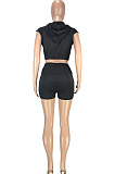 Fashion Casual Pure Color Hoodie T Shorts Pocket Two-Piece SM9186