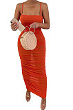 Pure Color Net Yarn Perspective Sexy Condole Belt Ruffle Long Dress Q886