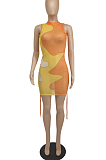 Sexy Mesh Contrast Color Drawsting Women Sleeveless Dress BLK2110
