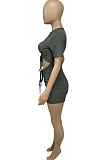 Sexy Shirred Detail Hollow Out Pure Color Cultivate One's Morality Short Sleeve Ropmer Shorts Q880