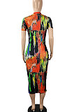 Short Sleeve Sexy Printing Midi Dress SH7264