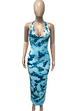 Women V Neck Tie Dye Printing Screw Thread Long Dress Q882