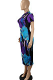 Short Sleeve Sexy Printing Midi Dress SH7264