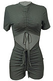 Sexy Shirred Detail Hollow Out Pure Color Cultivate One's Morality Short Sleeve Ropmer Shorts Q880