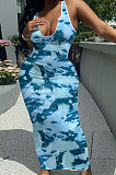 Women V Neck Tie Dye Printing Screw Thread Long Dress Q882