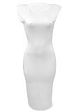 Pure Color Casual Sleevelees Shoulder Pads Cultivate One's Morality Sexy Midi Dress Q877