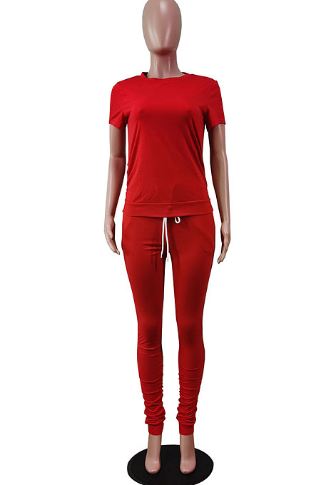 Fashion Casual Pure Color Round Neck Short Long Pants Sets WY6762