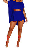 Trendy Casual Pure Color Round Neck Loose Batwing Sleeve Top Shorts Sets MR2092