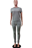 Fashion Casual Pure Color Round Neck Short Long Pants Sets WY6762