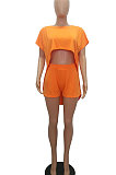 Trendy Casual Pure Color Round Neck Loose Batwing Sleeve Top Shorts Sets MR2092