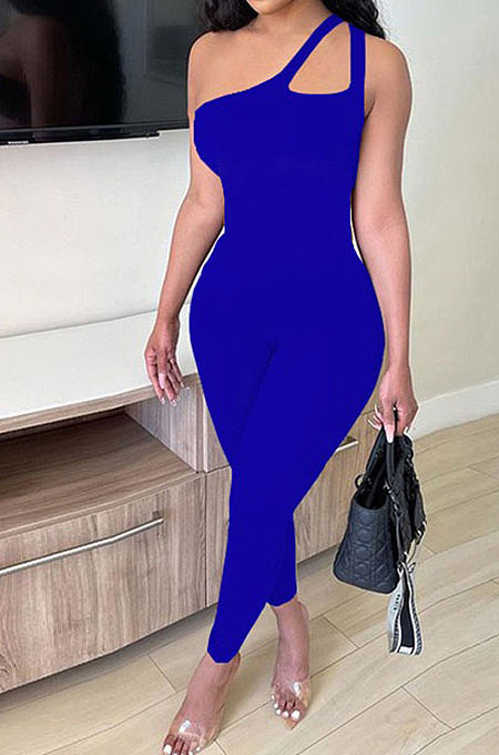 Casual Tight Seyx Inclined Shoulder Condole Belt Pure Color Bodycon Jumpsuits MF6621