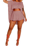 Trendy Casual Pure Color Round Neck Loose Batwing Sleeve Top Shorts Sets MR2092