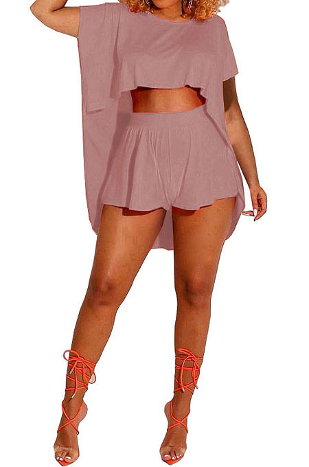 Trendy Casual Pure Color Round Neck Loose Batwing Sleeve Top Shorts Sets MR2092