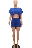 Trendy Casual Pure Color Round Neck Loose Batwing Sleeve Top Shorts Sets MR2092