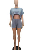 Trendy Casual Pure Color Round Neck Loose Batwing Sleeve Top Shorts Sets MR2092