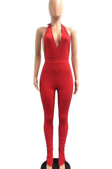 Sexy Backless Pure Color Ruffle Open Fork Pit Bar Bodycon Jumpsuits JP1041