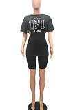 Fashion Printing Collect Waist Hollow Out Zipper Top Shorts Sets MR2093