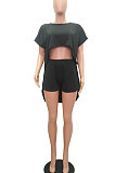 Trendy Casual Pure Color Round Neck Loose Batwing Sleeve Top Shorts Sets MR2092