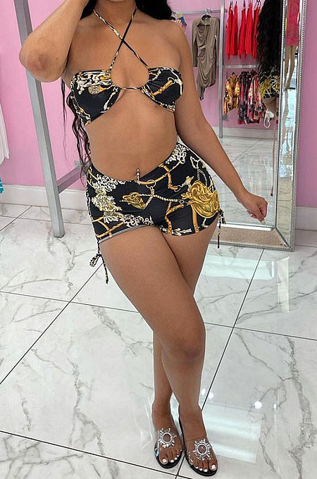 Trendy Sexy Printing Condole Belt Drawsting Shorts Sets MR2096