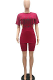 Fashion Printing Collect Waist Hollow Out Zipper Top Shorts Sets MR2093