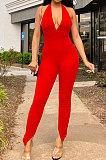 Sexy Backless Pure Color Ruffle Open Fork Pit Bar Bodycon Jumpsuits JP1041