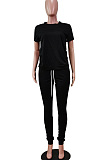 Fashion Casual Pure Color Round Neck Short Long Pants Sets WY6762
