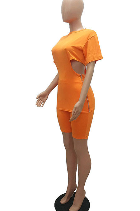 Fashion Casual Temperament Hollow Out Zipper Pure Color Shorts Sets MR2094