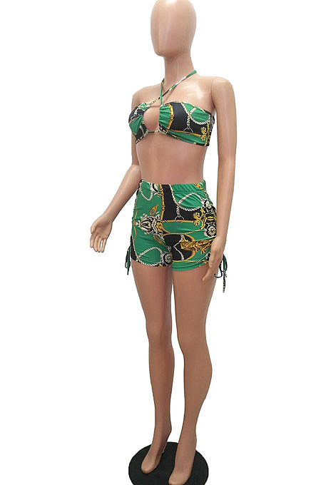 Trendy Sexy Printing Condole Belt Drawsting Shorts Sets MR2096