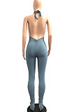 Sexy Backless Pure Color Ruffle Open Fork Pit Bar Bodycon Jumpsuits JP1041