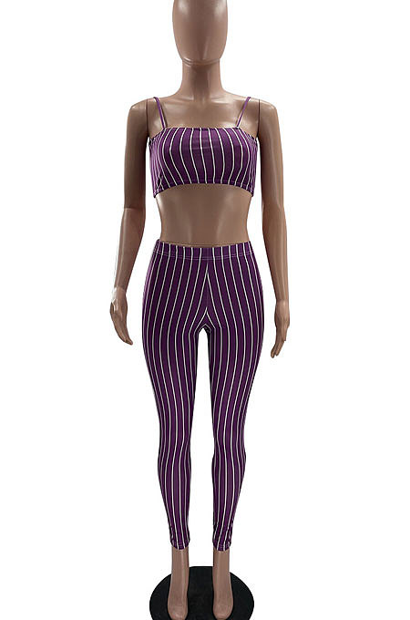 Women Casual Trendy Stripe Condole Belt Vets Pants Sets MF6620