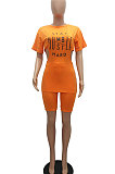 Fashion Printing Collect Waist Hollow Out Zipper Top Shorts Sets MR2093