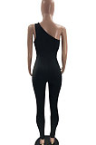 Casual Tight Seyx Inclined Shoulder Condole Belt Pure Color Bodycon Jumpsuits MF6621