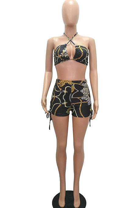 Trendy Sexy Printing Condole Belt Drawsting Shorts Sets MR2096