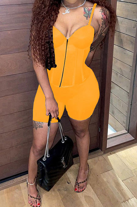 Pure Color Sexy Backless Condole Belt Zipper Shorts Sets MR2097