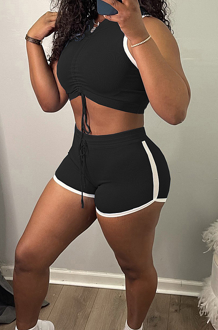Fashion Pure Color Hoodie Vest Shorts Two-Piece WY6799