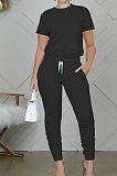Fashion Casual Pure Color Round Neck Short Long Pants Sets WY6762
