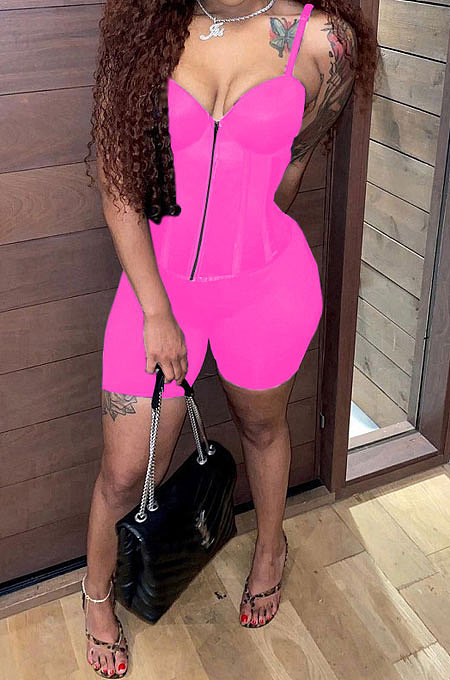 Pure Color Sexy Backless Condole Belt Zipper Shorts Sets MR2097