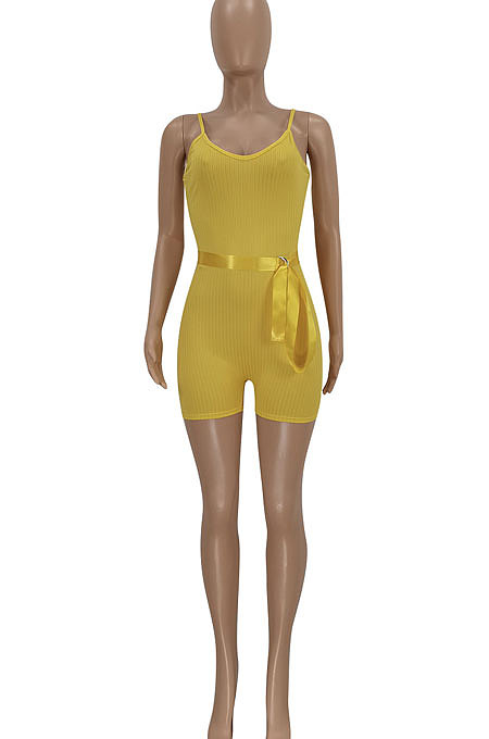 Pure Color Pit Bar Condole Belt Romper Shorts FFE130
