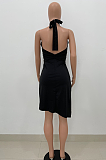 Large Size Fashion Pure Color Ruffled Irregular Neck Tie Sexy Dress AMW8315