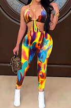 Sexy Condole Belt Hollow Out Tie Dye Colorful Bodycon Jumpsuits FM6209